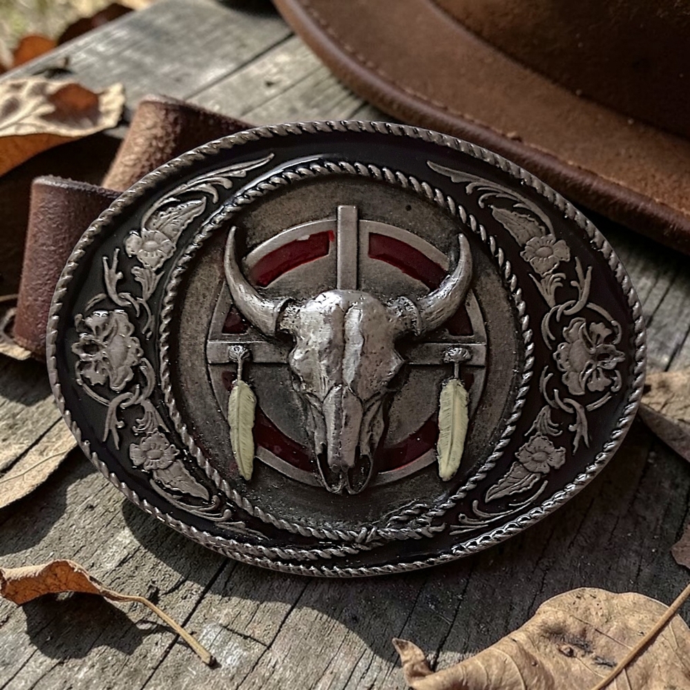 Vtg Siskiyou Belt Buckle Silver Pewter Red Western Steer Skull Made In USA 80s